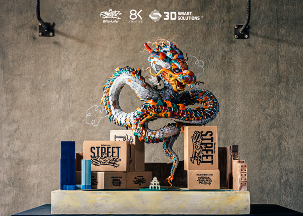 The dragon model was 3D printed, with the dragon scales inspired by miniature shoes